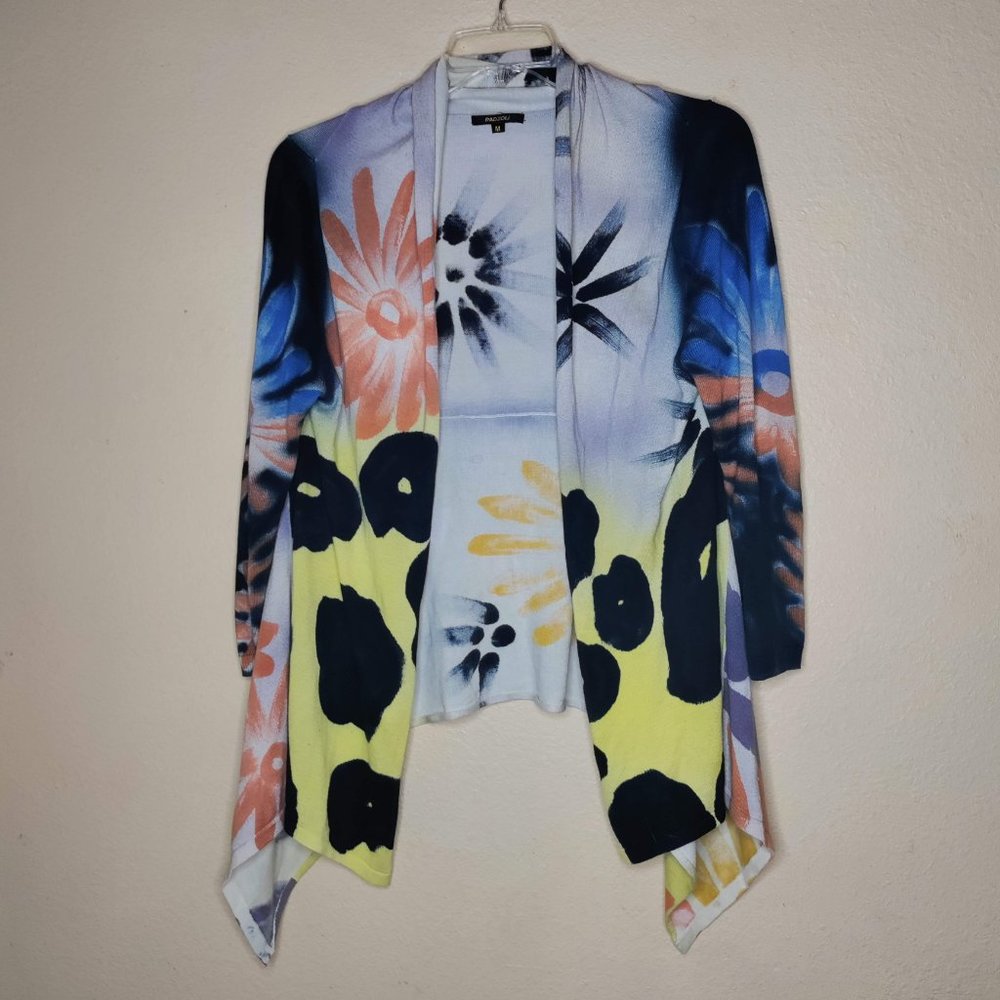 Radzoli Hand Painted Cardigan Sweater Open Front Medium Floral Watercolor